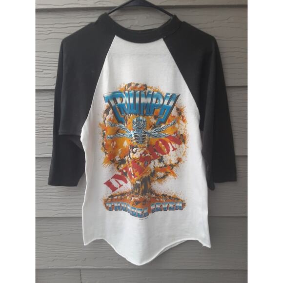 1985 VTG Triumph Invasion Tour Band Concert T Shirt White L Signal Thunder - Picture 1 of 8